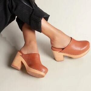 Charlotte Stone Marlo Chunky Wooden Platform Mule Clog Leather Luggage Brown 8